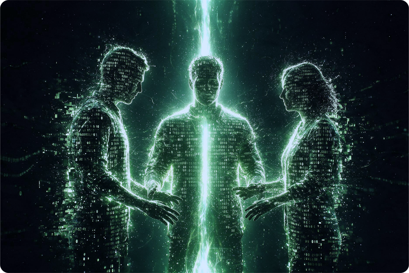Silueta de tres personas compuestas por texto de código y datos binarios, con un haz de luz verde recorriendo el centro del grupo, sobre fondo negro estrellado