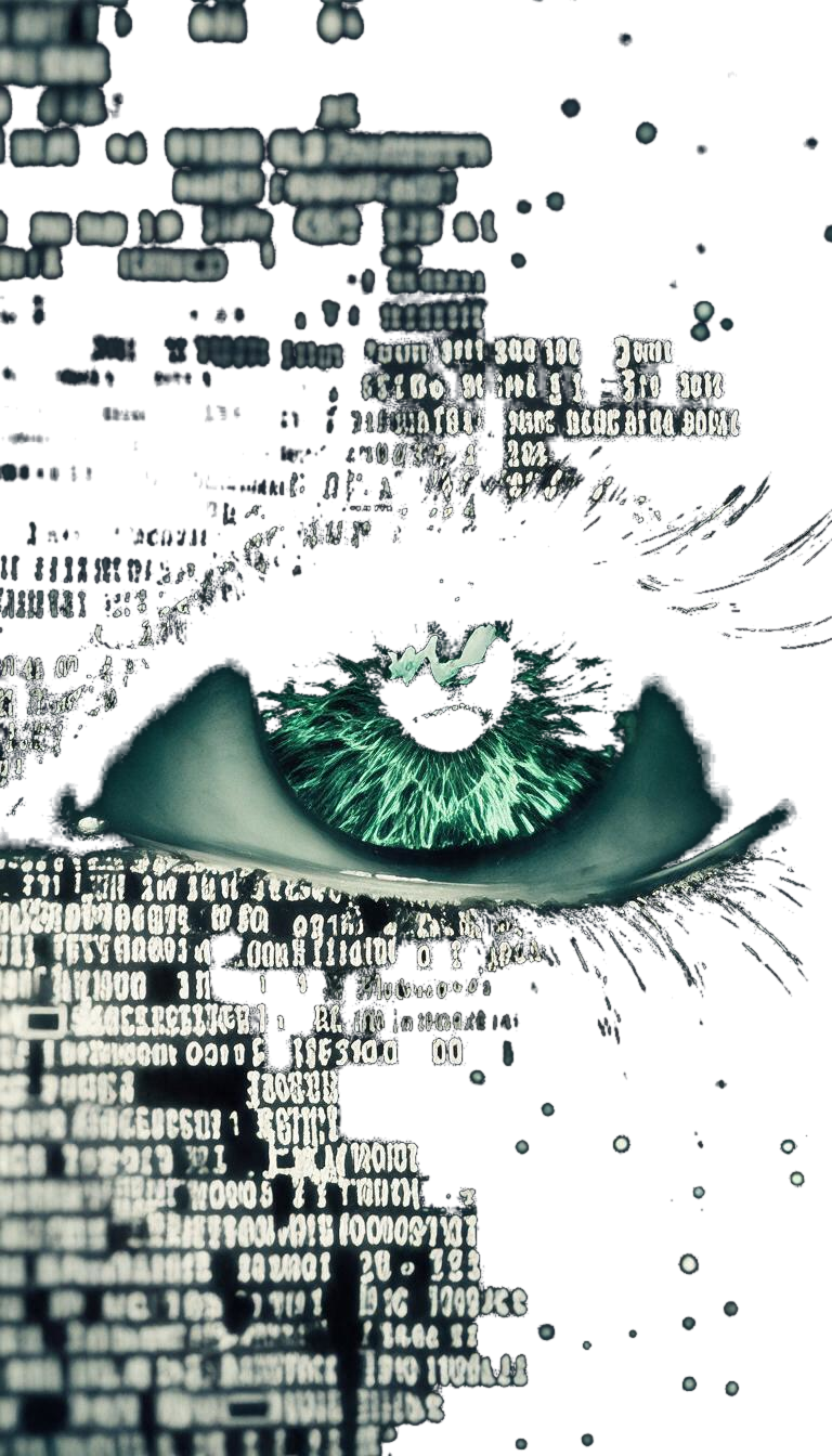 Ojo humano compuesto por texto de código y datos binarios, con iris verde brillante, sobre fondo transparente