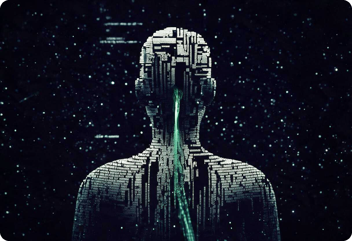 Silueta de una persona compuesta por texto de código, con un haz de luz verde recorriendo su columna, sobre fondo negro estrellado