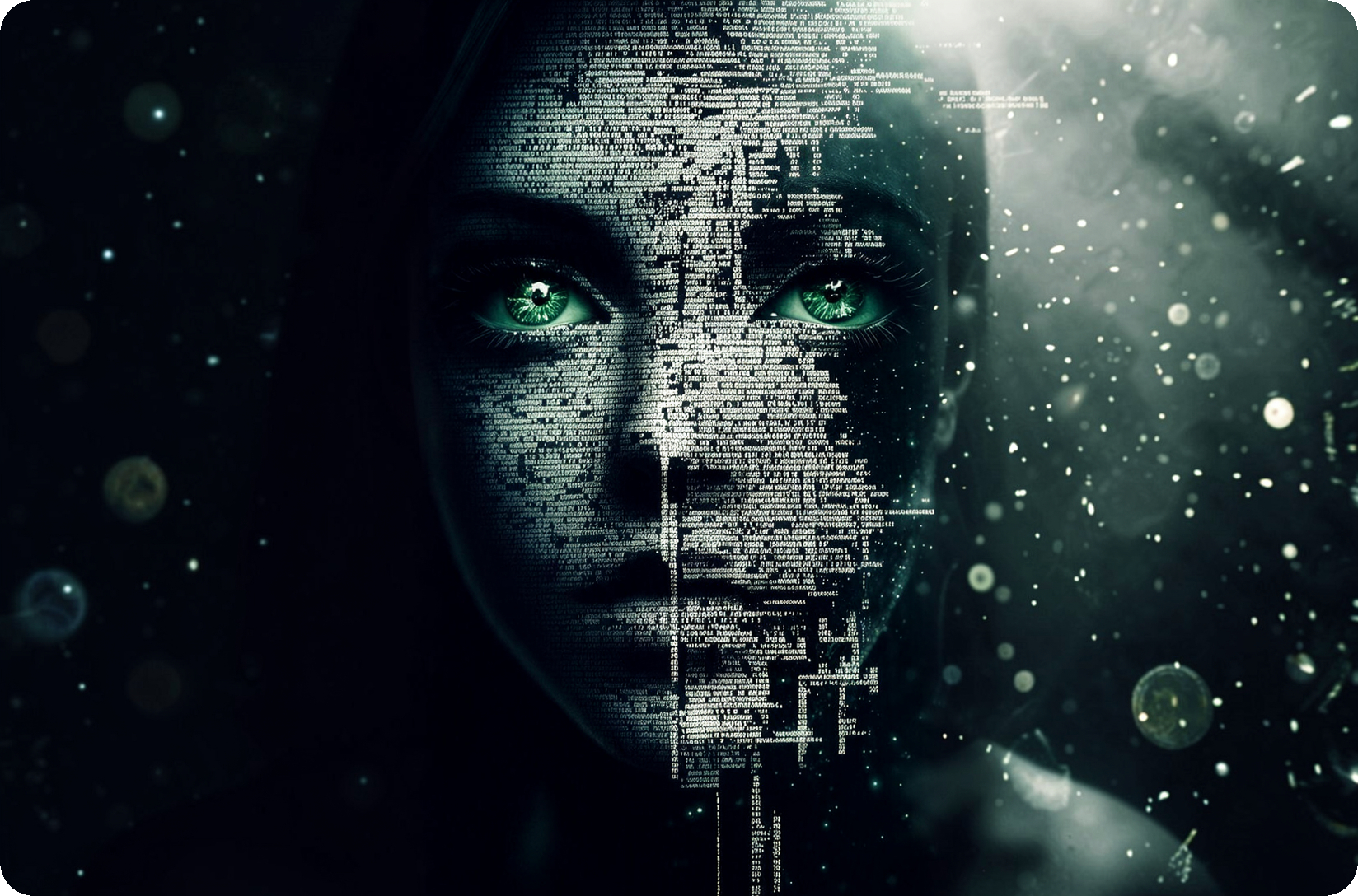 Rostro compuesto por texto de código con ojos verdes brillantes, sobre fondo oscuro con partículas y un resplandor difuso